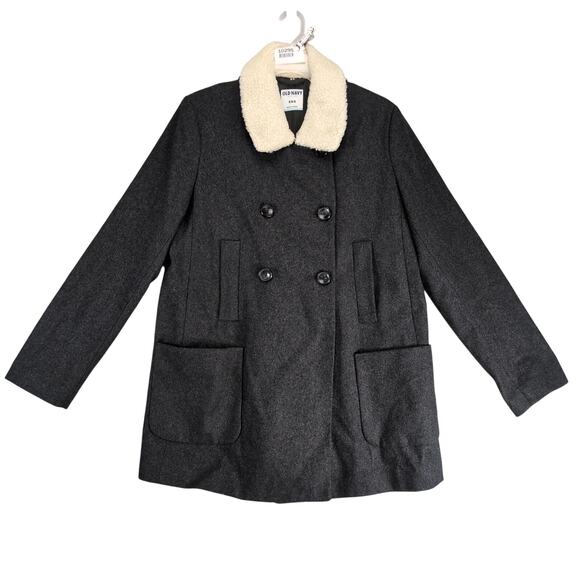 Old Navy Gray Wool Blend Pea Coat Women's M Double Breasted Sherpa Collar Preppy - Picture 1 of 10